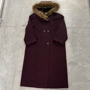 Harve Benard by Benard Holtzman Vintage Wool Coat Faux Fur Hood Burgundy 14